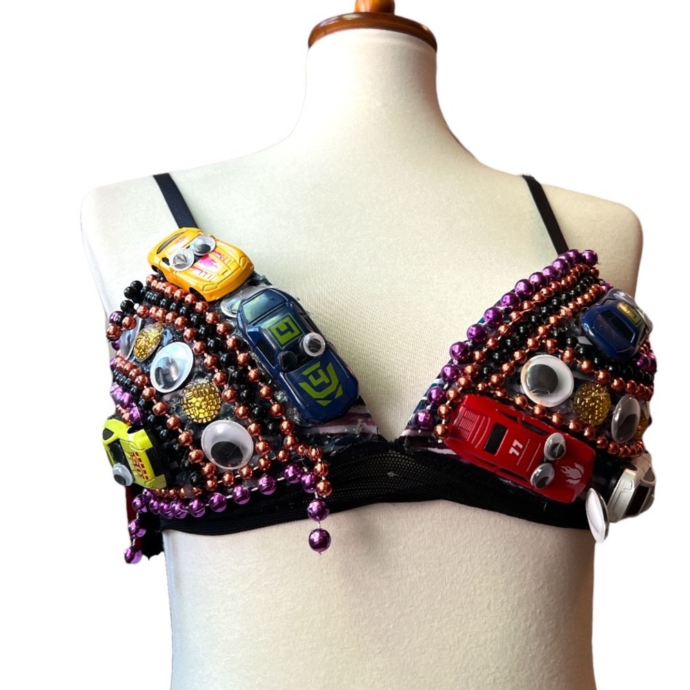 BESPOKE Unique embellished  with beads Eyes race cars top bikini top Sz M